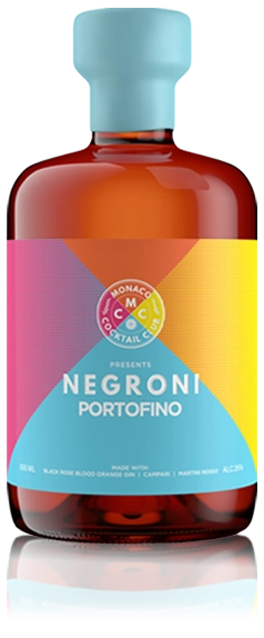 Monaco Cocktail Club Negroni Portofino Bottle A bottle of Monaco Cocktail Club's Negroni Portofino, shown with its vibrant multi-colored label and light blue cap. The product is isolated on a clean white background with a subtle reflection at its base.